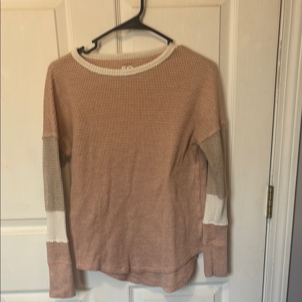 SO Pink and White Crew Neck Sweater with Color Block Sleeves